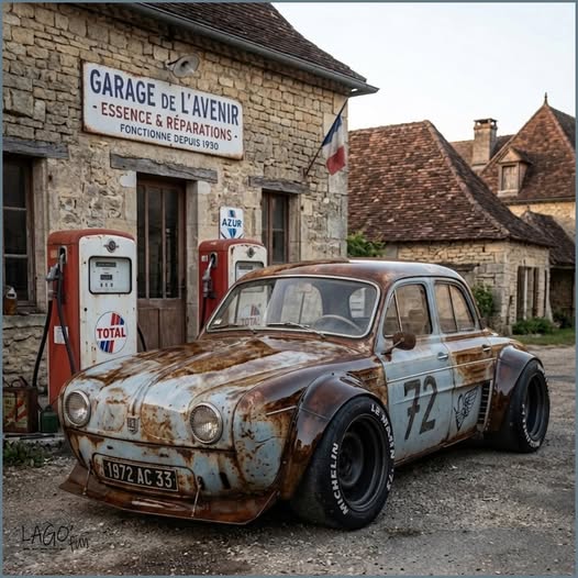 Weathered vintage race car with number 72 parked at rustic French garage