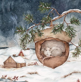 Sleeping squirrel curled inside a tree hollow above a snowy cabin on a winter night