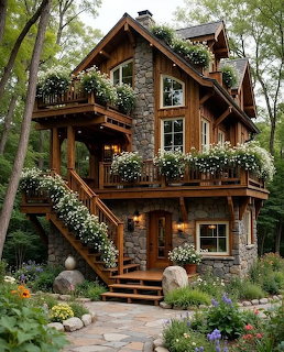 Multi-story stone cottage with wooden balconies covered in white flowers, surrounded by trees and garden