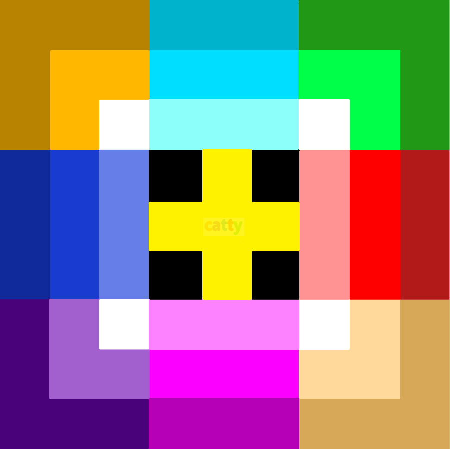 Colorful pixel art grid with yellow cross pattern on multicolored square background