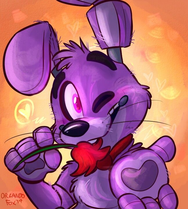 Purple cartoon rabbit animatronic Bonnie from FNAF holding a red heart against orange background