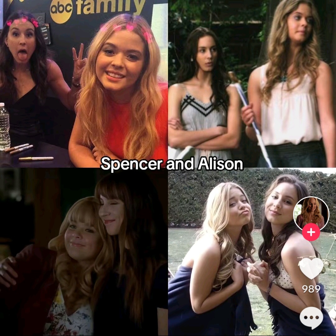 Four-panel collage of young women from a TV show, including a caption reading Spencer and Alison