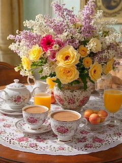 Table setting with floral bouquet in vase, teacups with pink floral pattern, glasses of orange juice, and fresh oranges