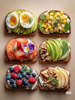 Six open-faced sandwiches with various colorful toppings arranged in a grid on beige background