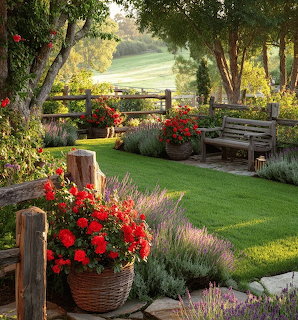 Country garden with red roses in baskets, wooden bench, green lawn, and trees with hills beyond