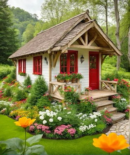 White cottage with red trim and door, wooden porch, surrounded by vibrant flower beds and green lawn