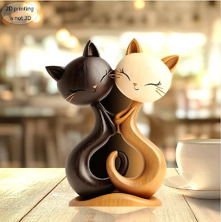 Two wooden cat figurines with intertwined tails on kitchen counter
