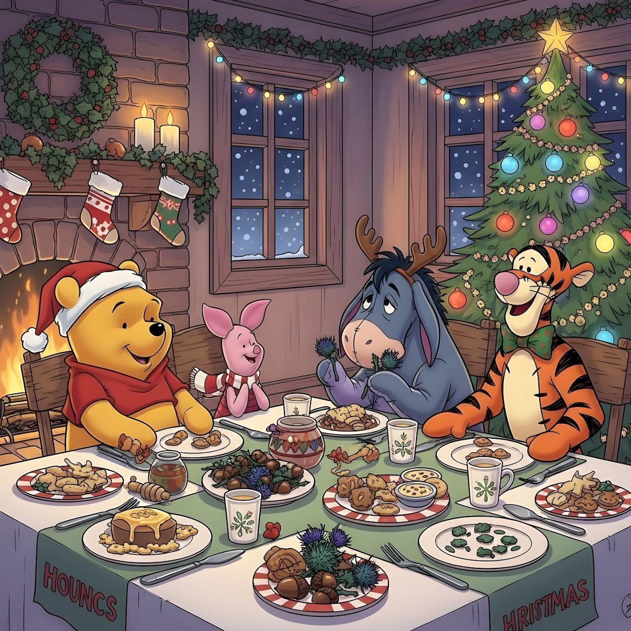 Winnie the Pooh characters gathered around a Christmas dinner table with decorated tree and stockings