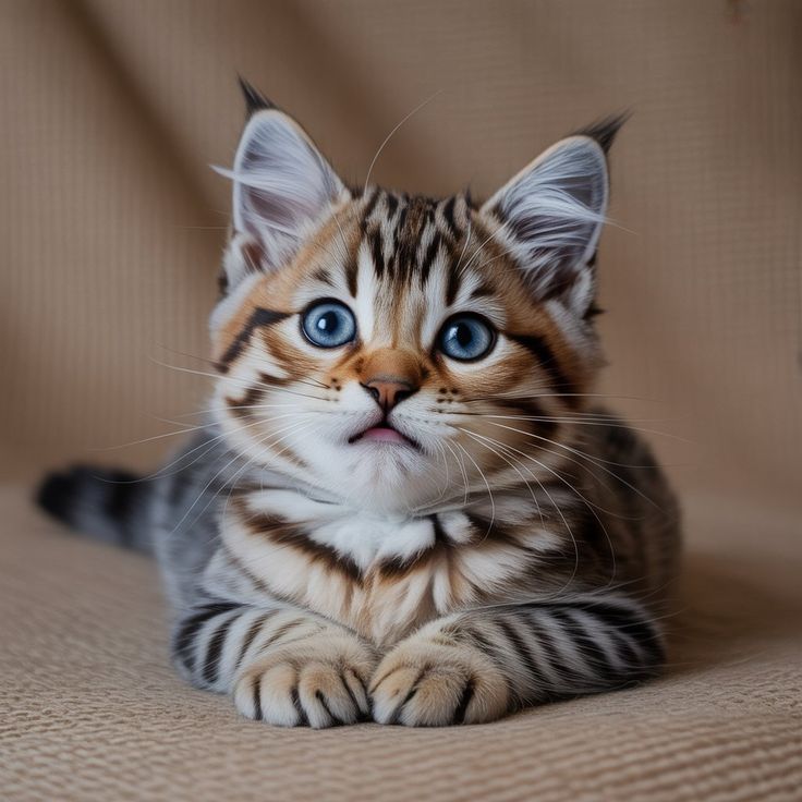 Blue-eyed tabby kitten lying on beige fabric and looking at the camera