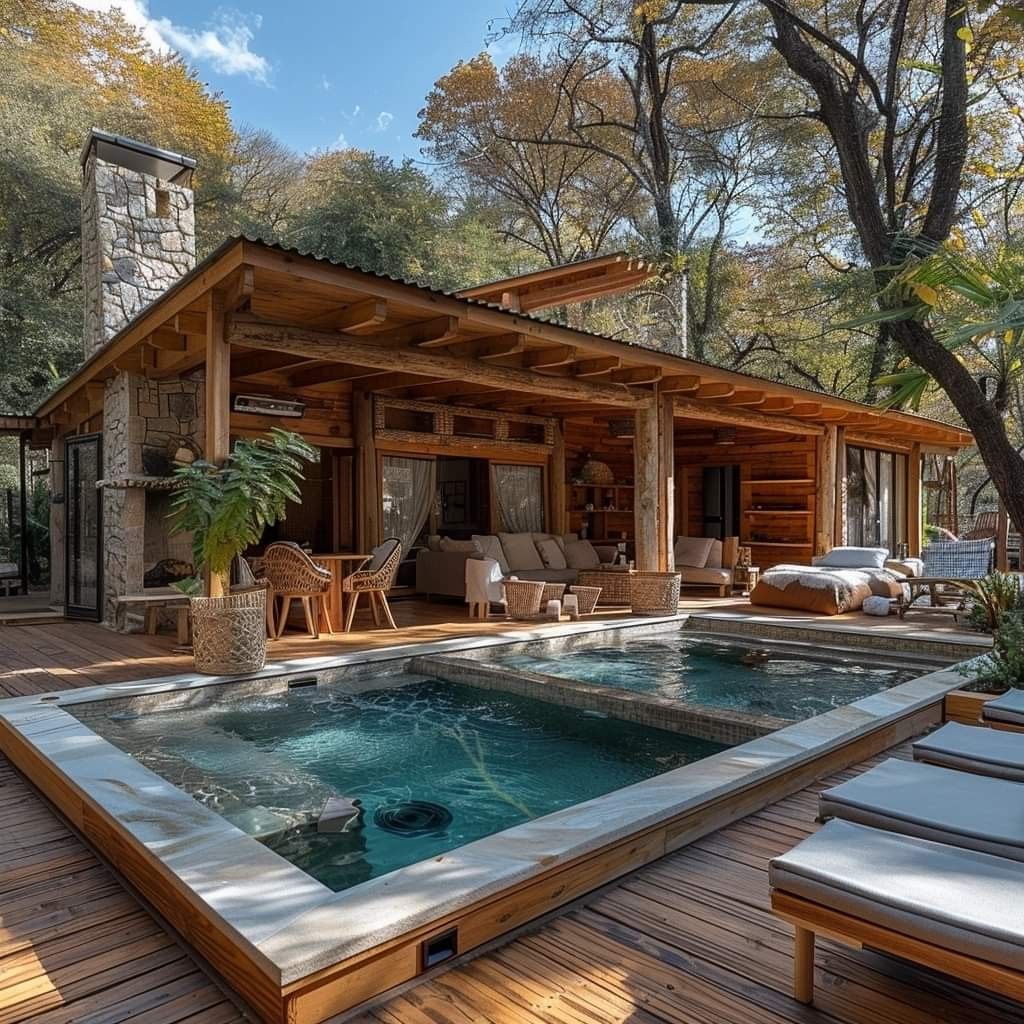 Modern wooden house with swimming pool and deck surrounded by trees