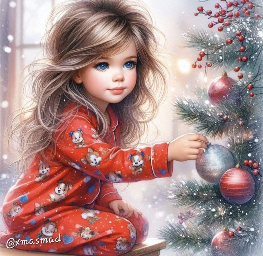 Illustrated girl with blonde hair decorating Christmas tree in red floral pajamas