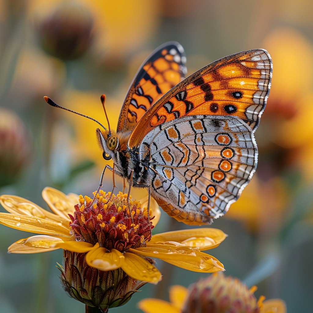 Macro photo of an orange and silver butterfly resting on a yellow flower