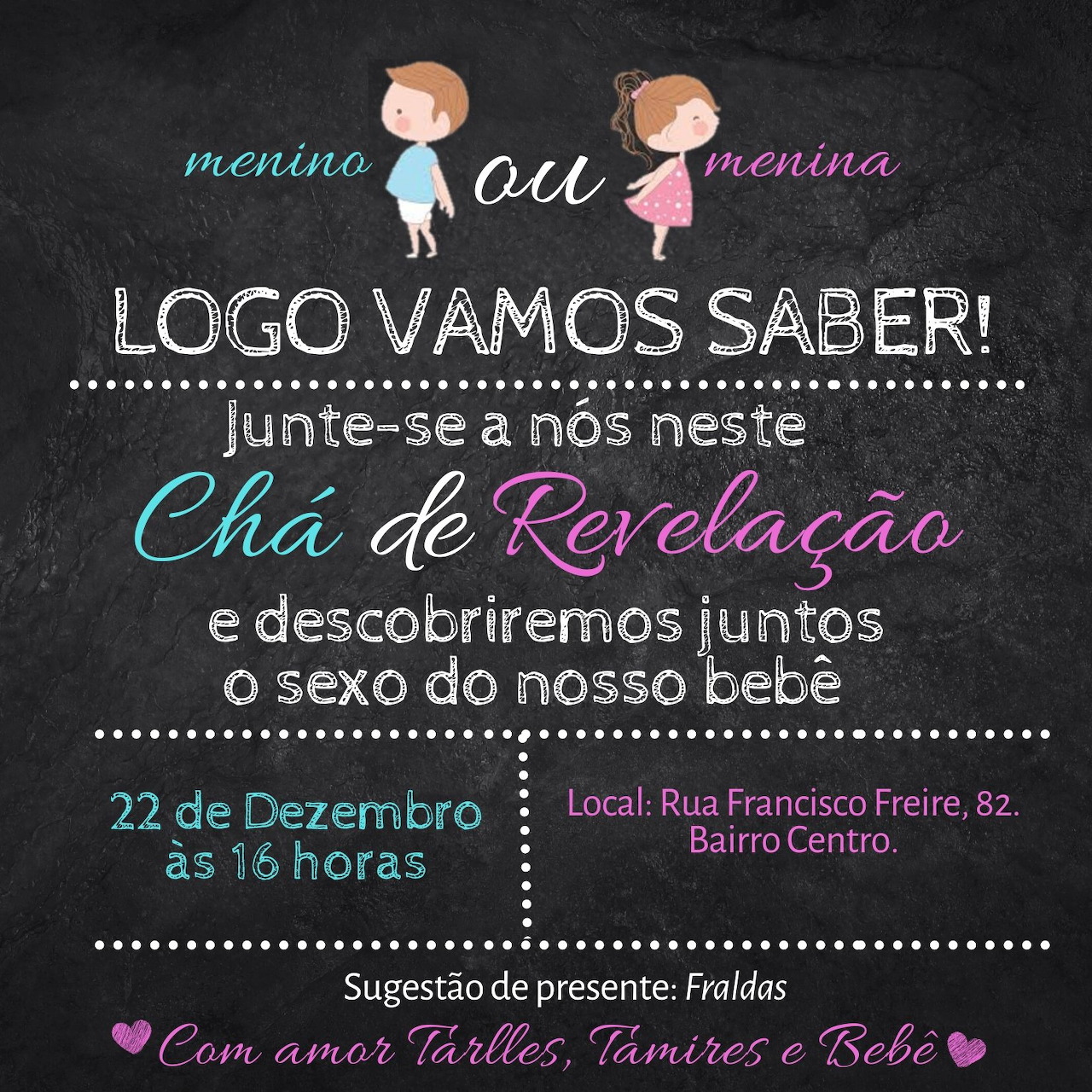Portuguese gender reveal invitation with cartoon boy and girl and colorful text on a dark background