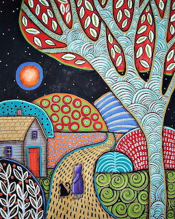 Folk art cottage with patterned hills, decorative tree, moon and stars in vibrant colors