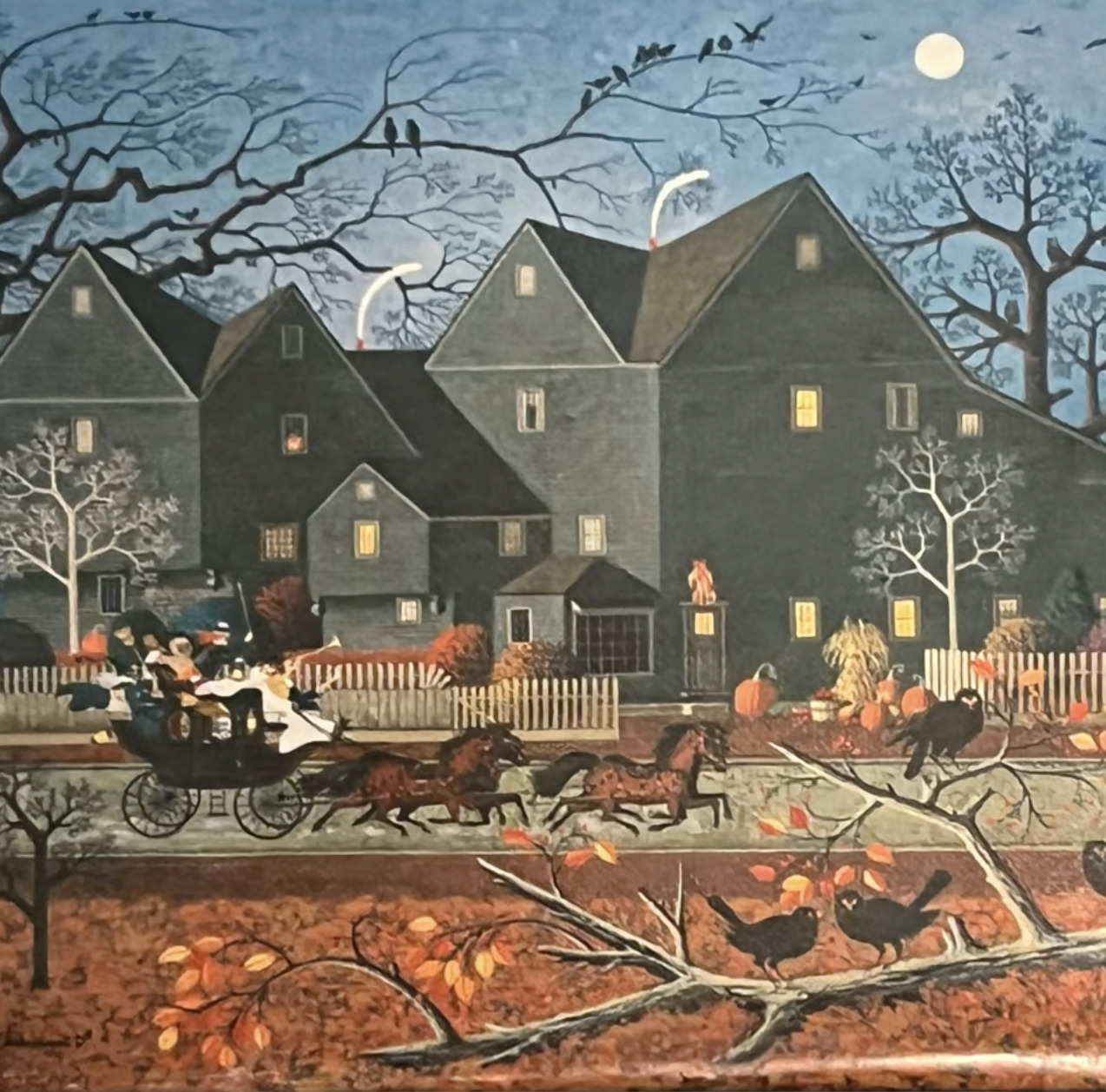 Painted Halloween night scene with dark houses, horse-drawn carriages, bare trees, and a full moon