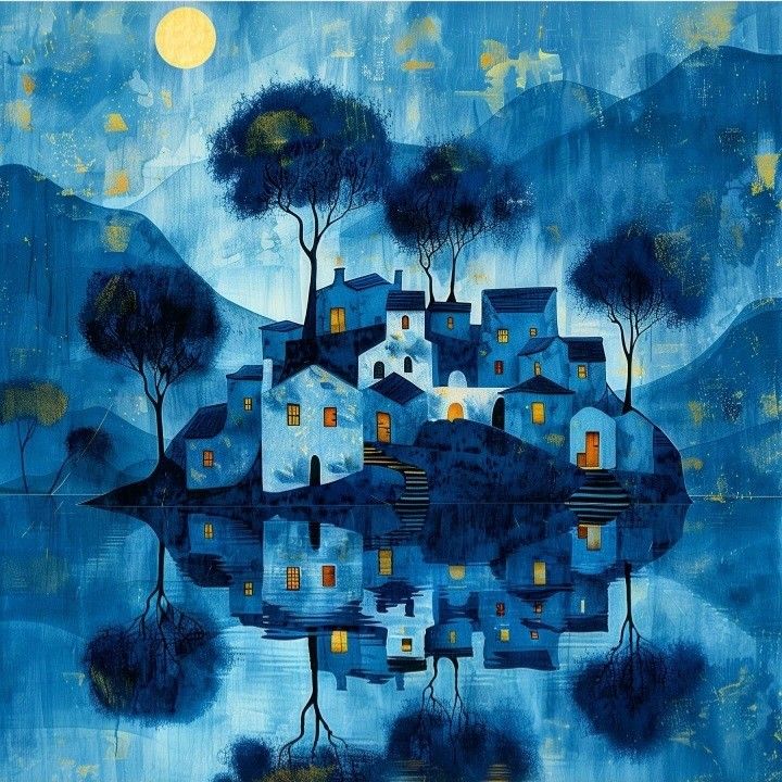 Stylized blue painting of village houses on hill reflected in water with moon and trees