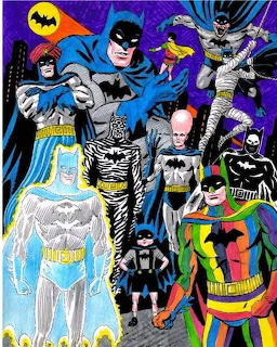 Comic book art collage showing multiple Batman character versions in different colorful costumes