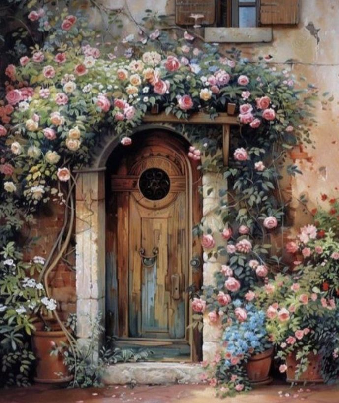 Old wooden door and shuttered window on a rustic facade with flower pots