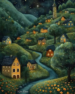 Painted night village with lit cottages on green hills under starry sky with church steeple and winding stream