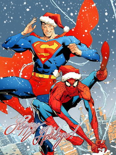 Superman and Spider-Man wearing Santa hats flying through snowy cityscape with holiday message