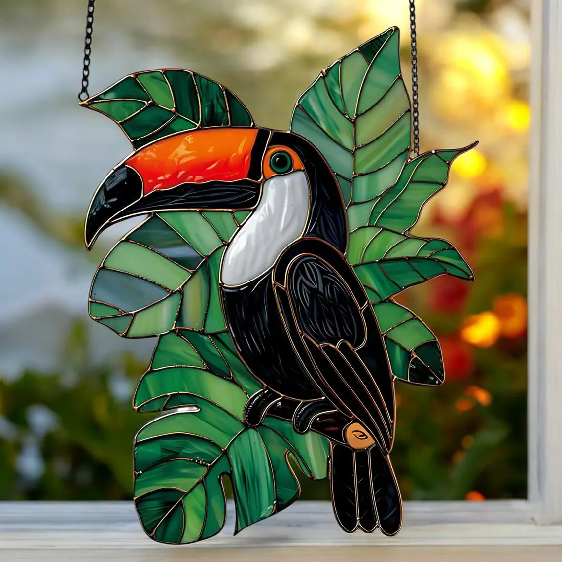 Colorful toucan stained-glass suncatcher hanging in a window with green leaves