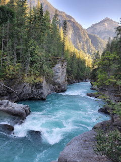 Turquoise river rushing through rocky gorge with mountains and forest
