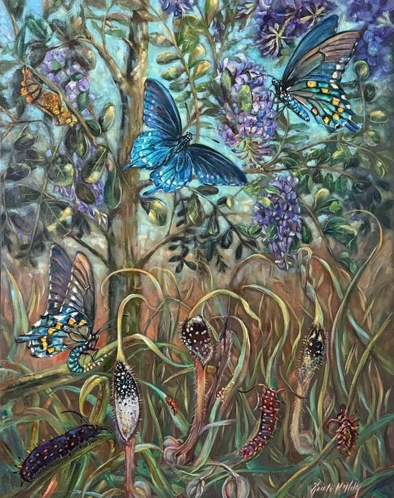Colorful painting of butterflies flying among wisteria, trees, and wildflowers in a garden scene