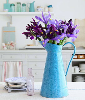 Purple iris bouquet in blue speckled pitcher on white kitchen counter with plates and rustic décor