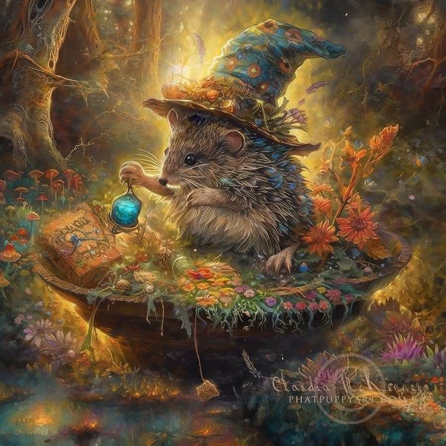 Fantasy mouse in a wizard hat holding a glowing orb on a mushroom in an enchanted forest