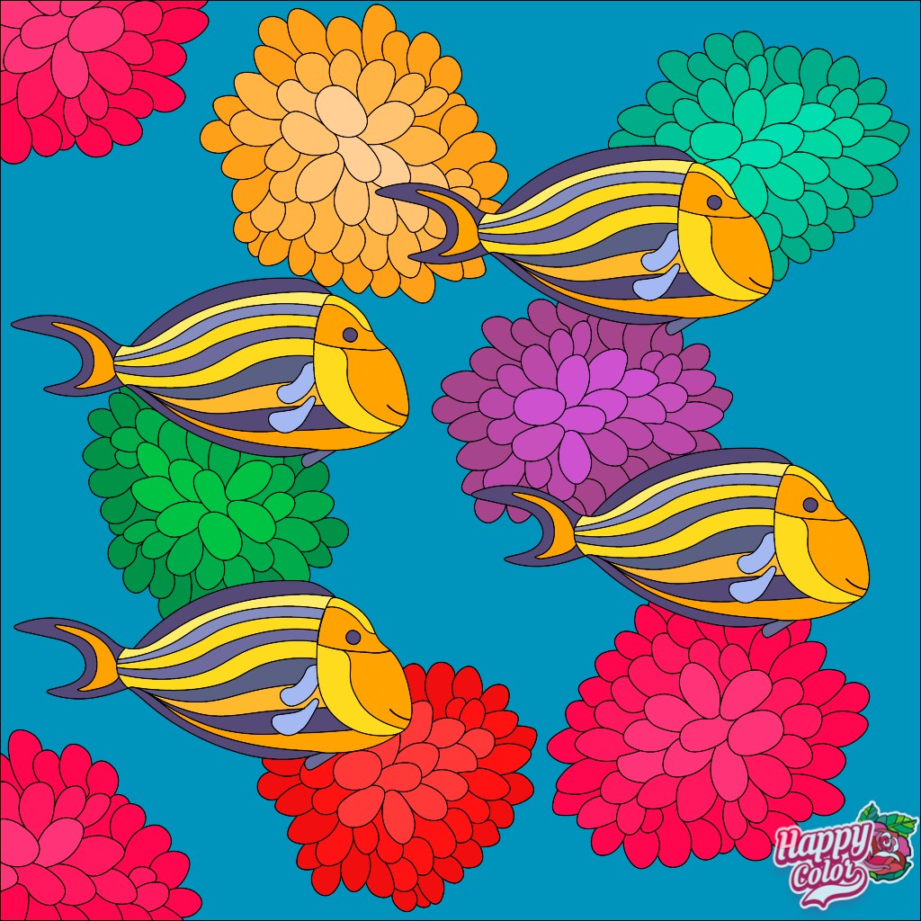 Striped tropical fish swimming among vibrant red, pink, orange, and green dahlia flowers on turquoise background