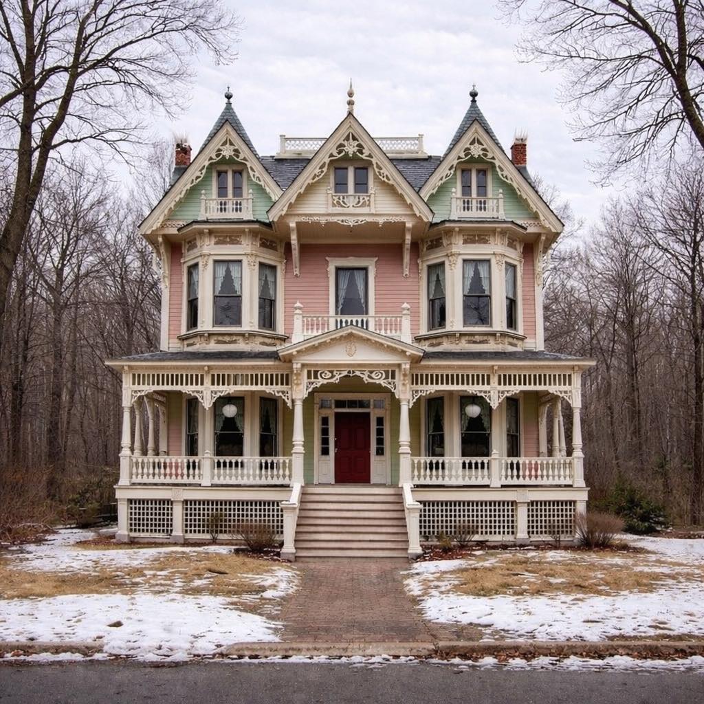 Pink and cream Victorian mansion with ornate trim and wraparound porch in winter setting