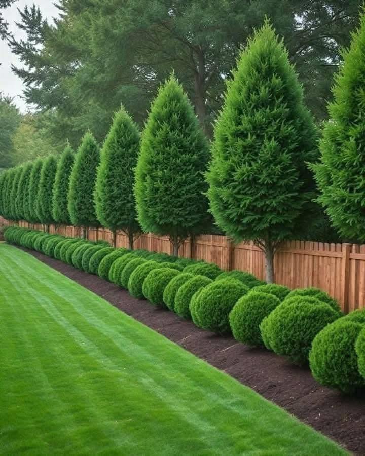 Landscaped garden with evergreen trees, rounded shrubs, mulch beds, and striped lawn beside wooden fence