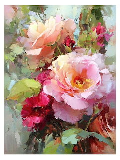 Watercolor painting of blooming pink roses with red flowers and green leaves against a soft pastel background