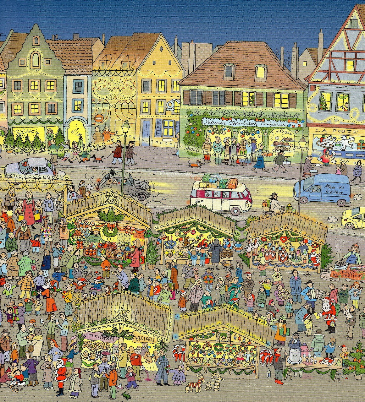 Illustrated Christmas market scene in a town square with carousel, festive stalls, crowds, and colorful European buildings