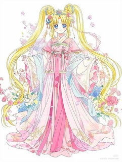 Anime girl with long blonde twin-tails wearing pink and white dress surrounded by flowers and bubbles