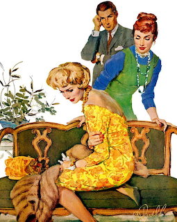 Vintage illustration of upset woman in yellow dress being comforted by two friends