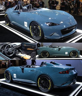 Collage showing a blue Mazda MX-5 Speedster concept car at an indoor auto show