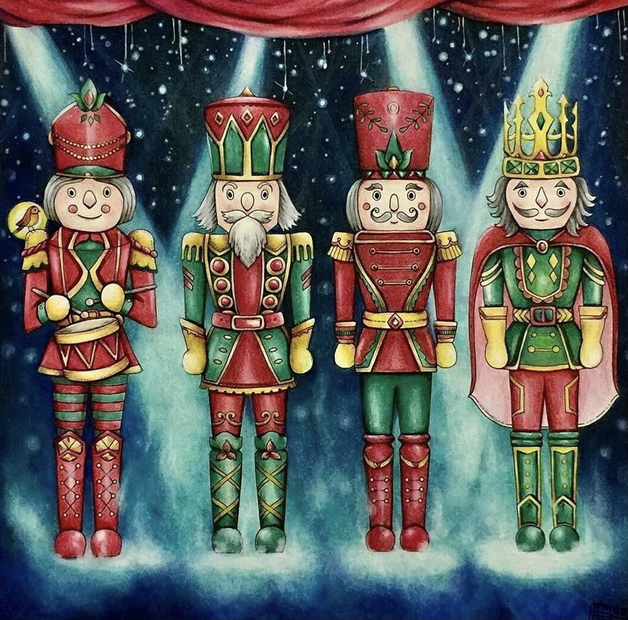 Four colorful nutcracker dolls under stage lights and red curtains