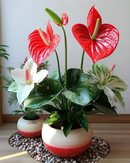 Red and white anthurium flowers in a striped ceramic pot on a pebble tray