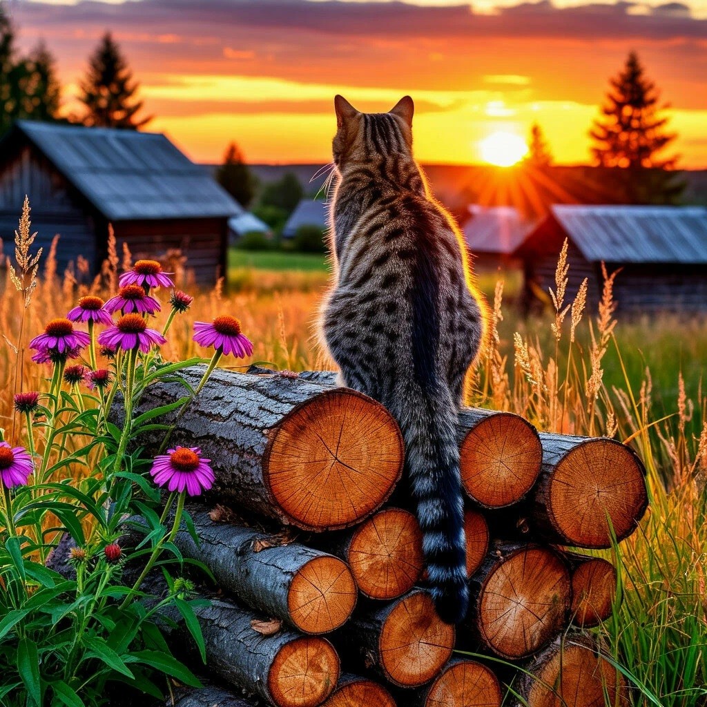Tabby cat on woodpile watching sunset over rural farm with purple flowers