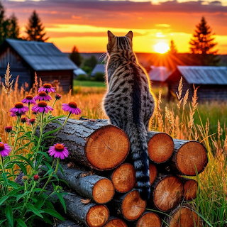 Cat Sunset Woodpile