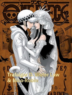 Anime wedding illustration showing bride and groom in elegant attire with orange background