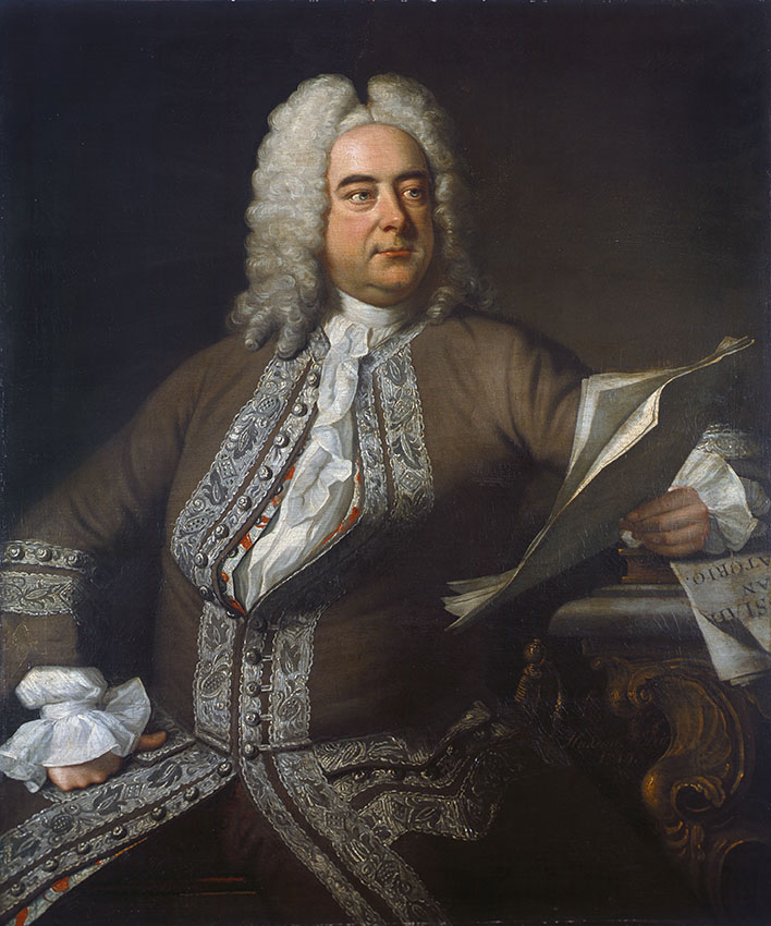 Oil painting portrait of Georg Friedrich Händel in brown coat and white wig holding sheet music