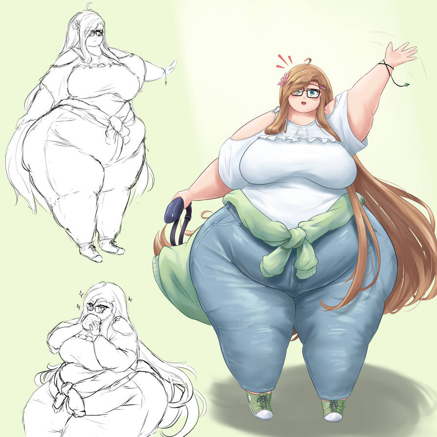 Stylized illustration of a curvy woman with glasses, long brown hair, jeans, and sketch studies beside her