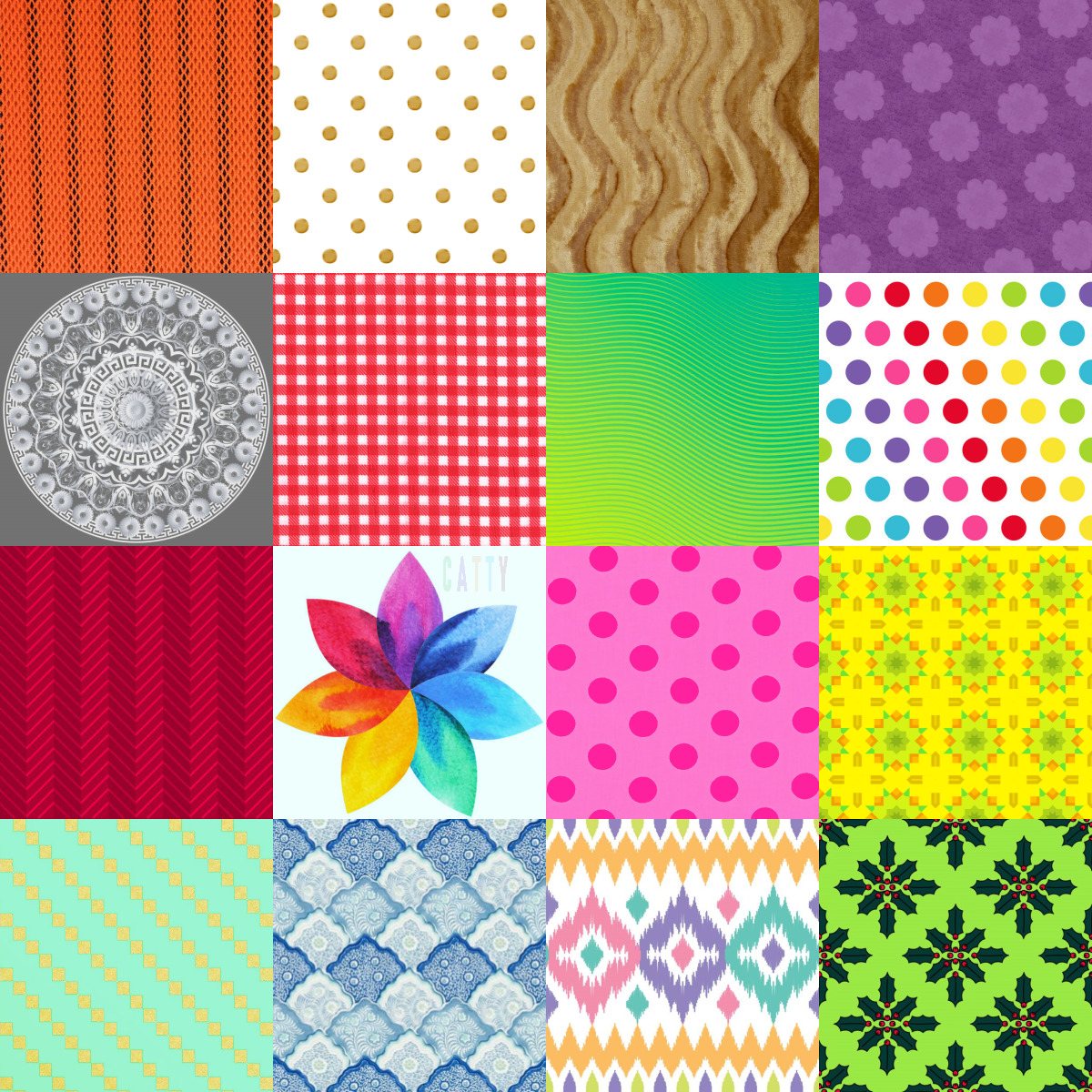 Grid of 16 colorful pattern squares including dots, stripes, florals, and geometric designs