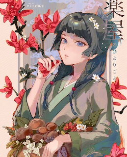 Anime girl in green kimono with dark hair decorated with flowers, holding red blooms