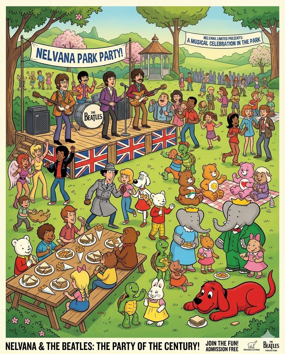 Colorful illustration of Beatles-themed park party with crowds, British flags, picnic tables and various characters