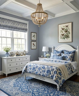 Elegant blue and white bedroom with floral bedding, white dresser, beaded chandelier, and botanical wall art