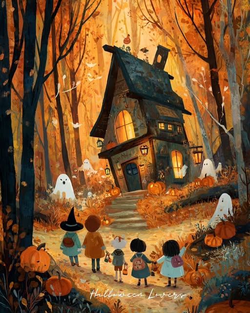 Children walking toward a crooked haunted house in a magical orange autumn forest with ghosts and jack-o-lanterns