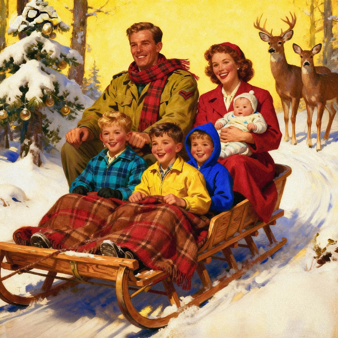 Family Sledding in Winter Snow